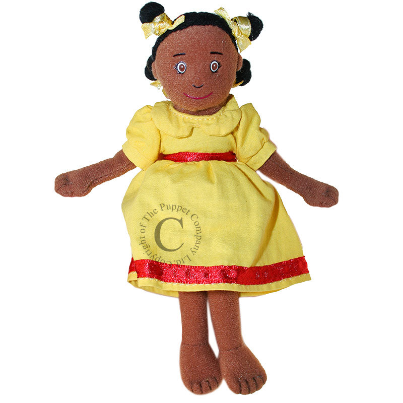 Girl dark skin tone, yellow dress finger puppet